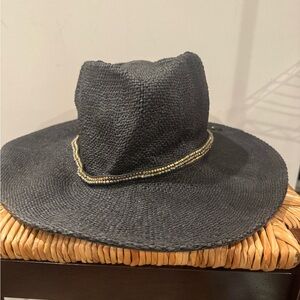 Nikki Beach Black Woven Hat with Gold Beaded Trim